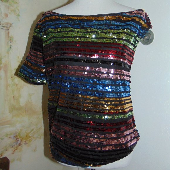 Rainbow Sequined Top Asymmetrical Neckline Off Shoulder Retro Hippy Women's Top - Picture 1 of 7